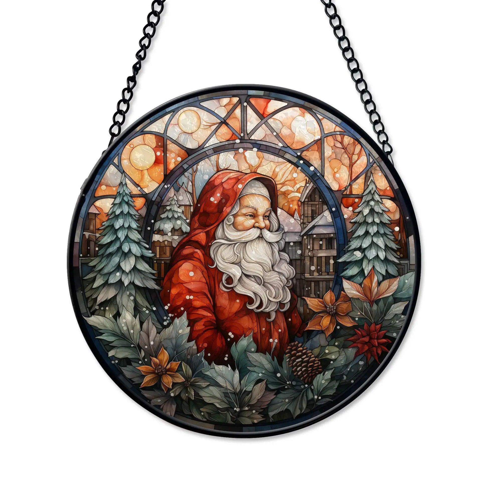Santa Claus Stained Glass Ornament – Colorful window decoration featuring Santa amidst festive greenery.
