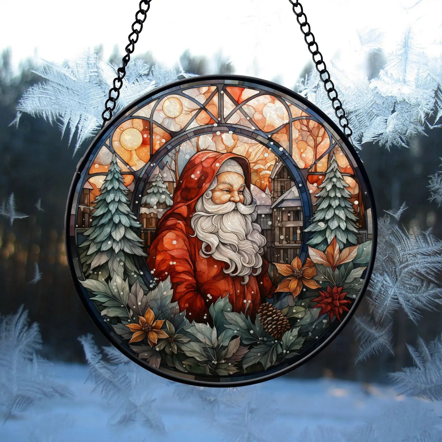 Santa Claus Stained Glass Ornament hanging in winter window, featuring Santa in a festive scene with trees and flowers.