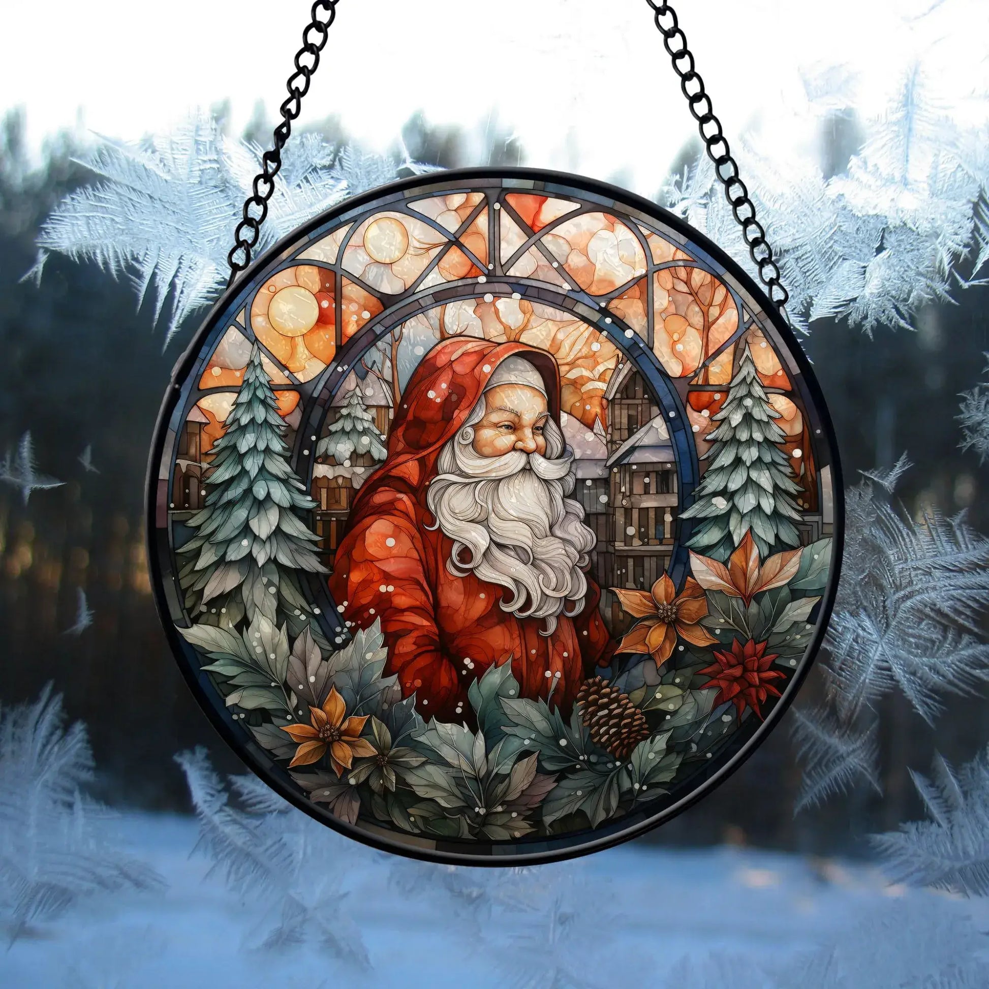 Santa Claus Stained Glass Ornament hanging in winter window, featuring Santa in a festive scene with trees and flowers.