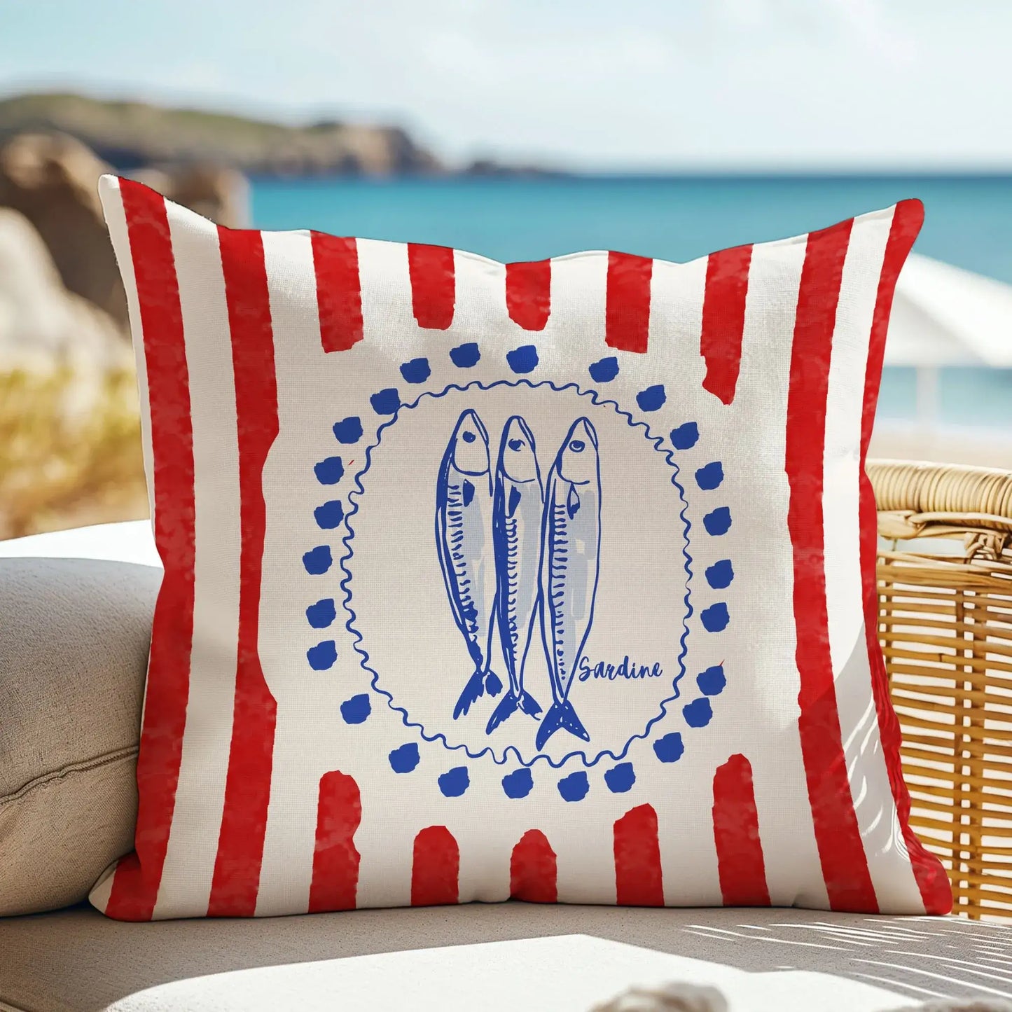 Sardine and Red Stripes Coastal Pillow and Cover featuring blue sardines and red stripes in a coastal setting.