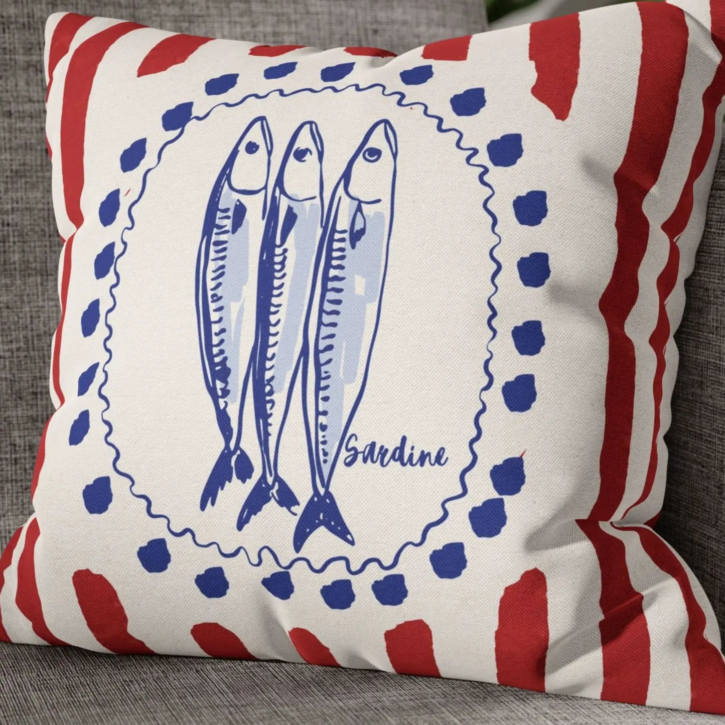 Sardine and Red Stripes Coastal Pillow and Cover featuring hand-painted red stripes and blue sardine illustrations.