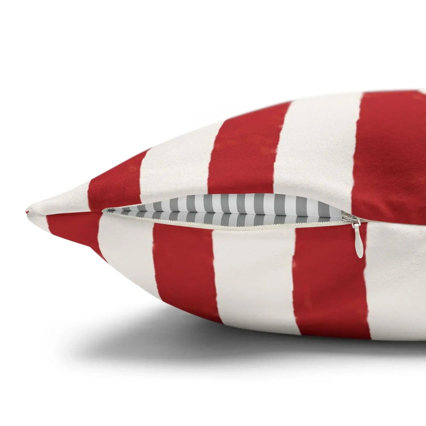 Sardine and Red Stripes Coastal Pillow and Cover showing red stripes and zipper detail.
