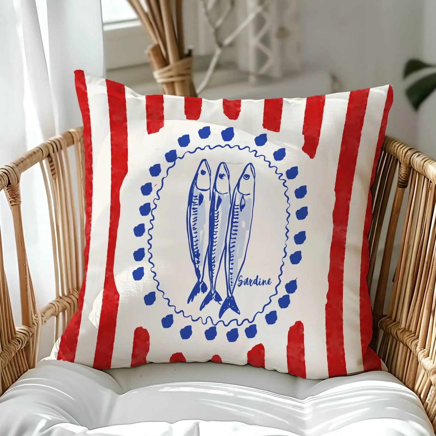 Sardine and Red Stripes Coastal Pillow and Cover with blue sardine illustrations and red stripes.