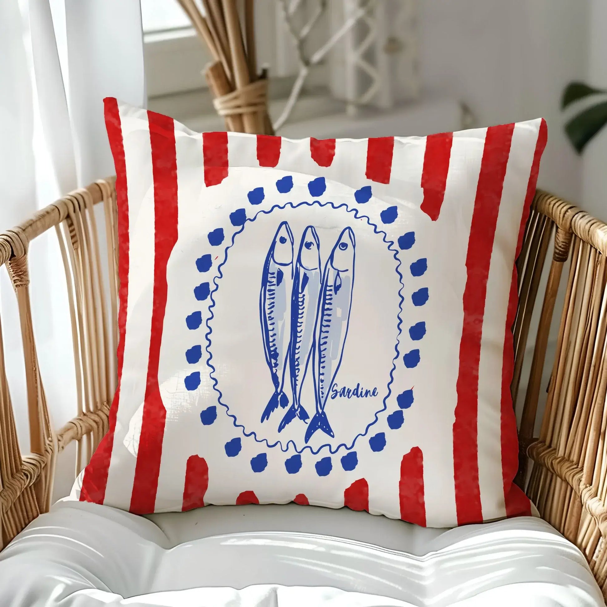 Sardine and Red Stripes Coastal Pillow and Cover with blue sardine illustrations and red stripes.