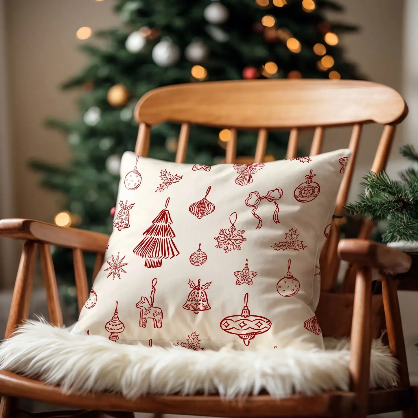 Hand-Drawn Red Ornament Christmas Pillow on a chair with a festive background of a Christmas tree.