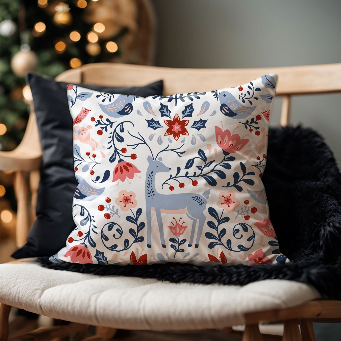 Nordic Reindeer Christmas Pillow featuring a reindeer design surrounded by floral patterns, perfect for winter decor.