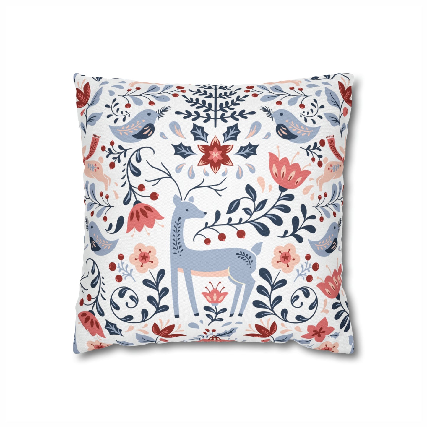 Nordic Reindeer Christmas Pillow with festive floral design and charming reindeer, perfect for winter decor.