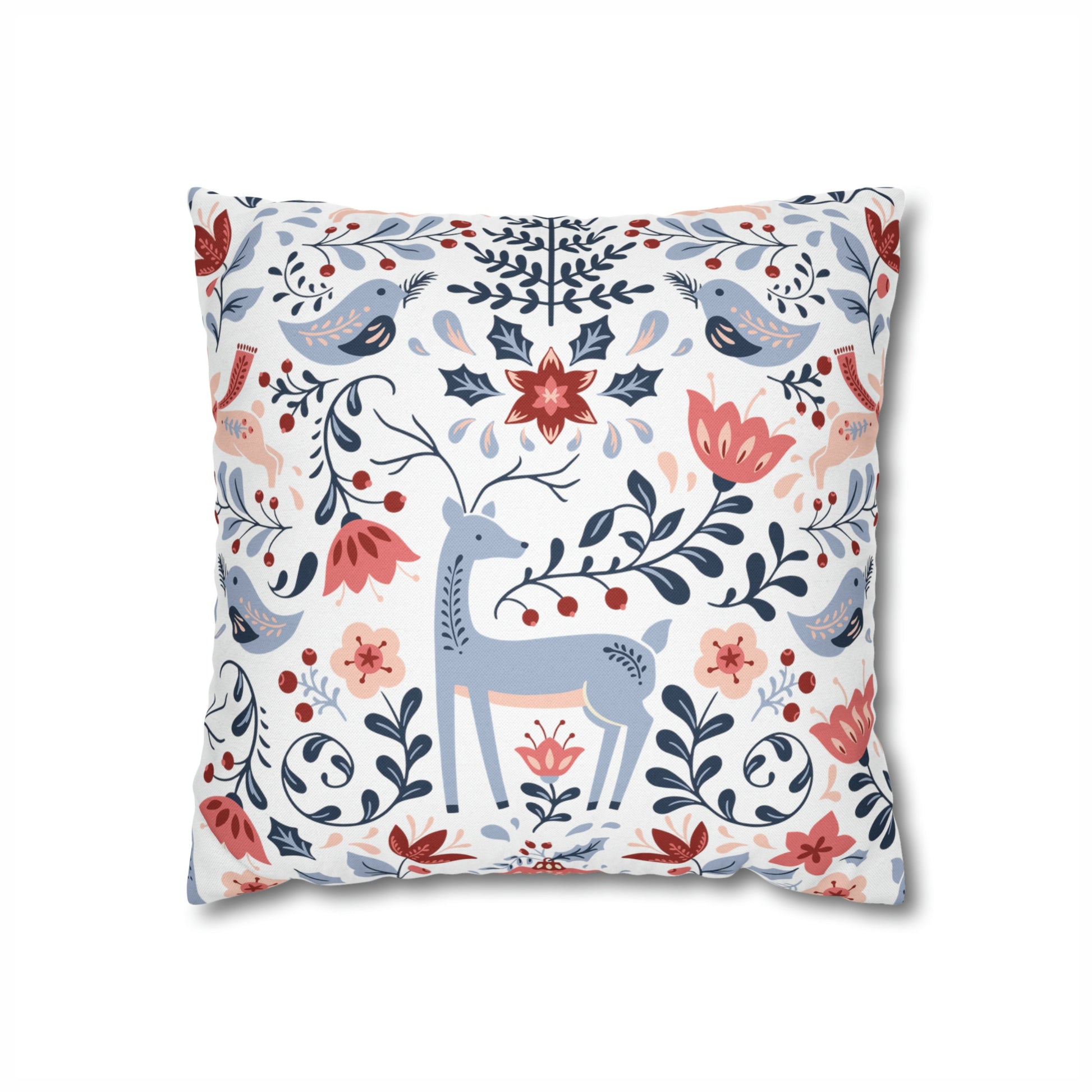 Nordic Reindeer Christmas Pillow with festive floral design and charming reindeer, perfect for winter decor.