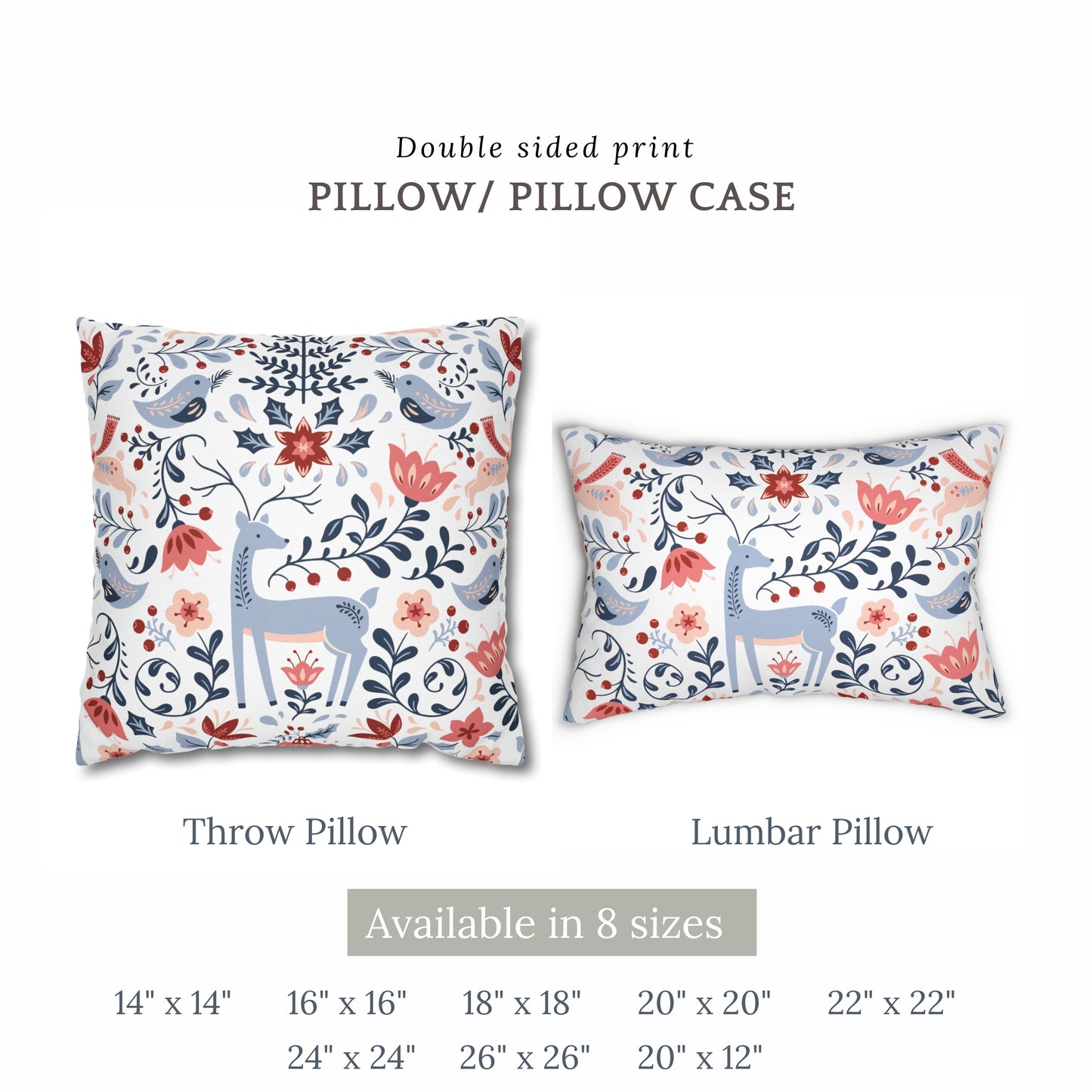Nordic Reindeer Christmas Pillow featuring double-sided print in throw and lumbar styles with floral design.