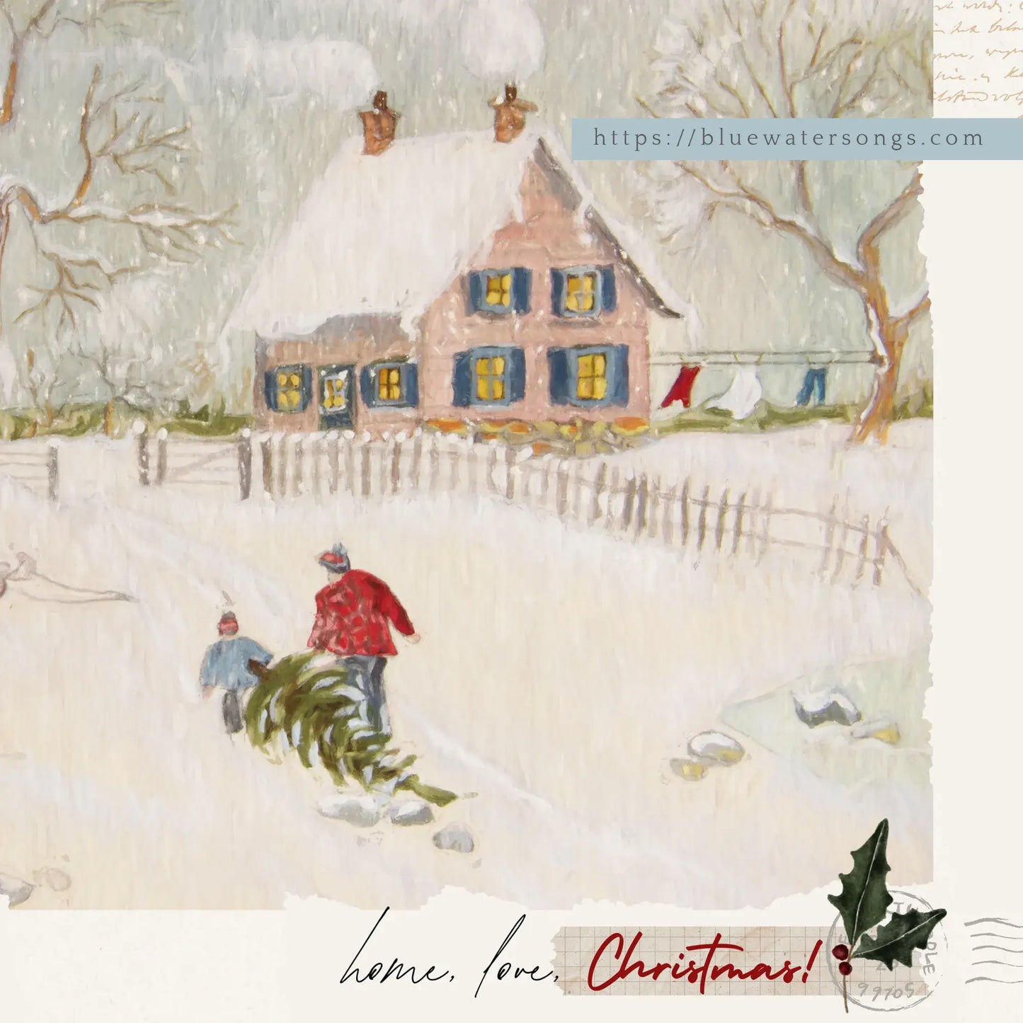 Home Love Christmas digital download featuring a serene winter scene of a snow-covered house and two figures with a Christmas tree.