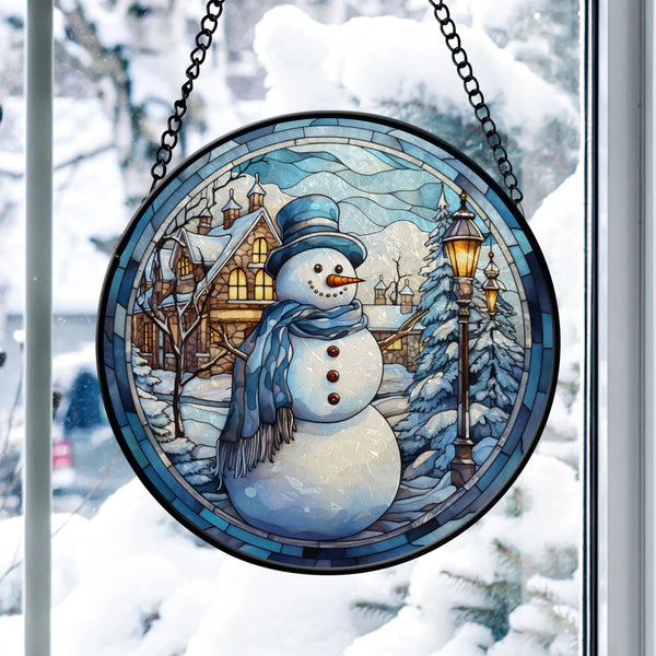 christmas window decor with snowman stained glass ornament from Blue Water Songs