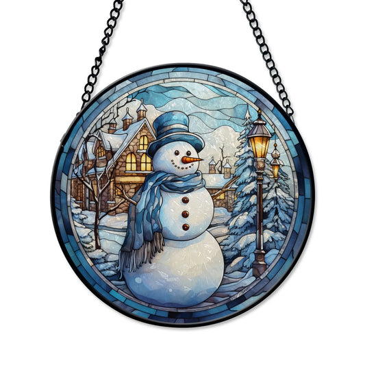 Blue Water Songs Snowman Christmas Round Stained Glass Ornament