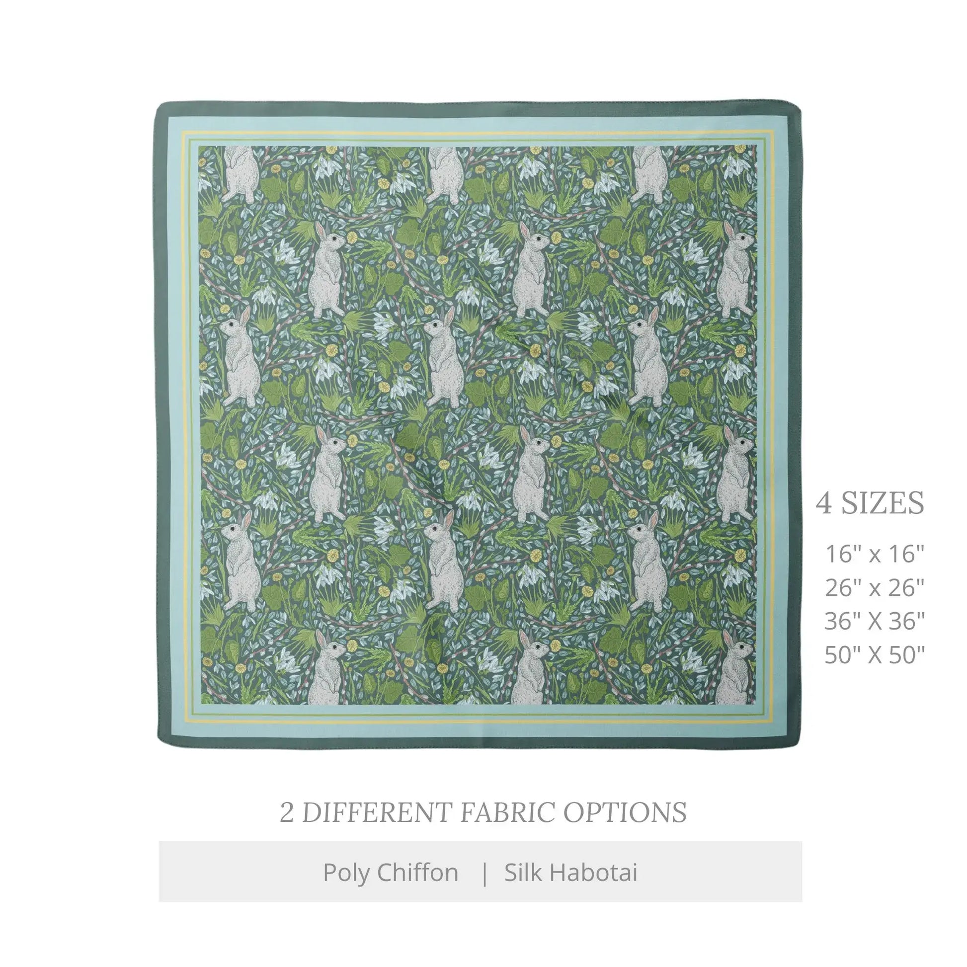 Spring Floral Silk Scarf – Green Botanical Bunny Design featuring bunnies and foliage in vibrant colors.