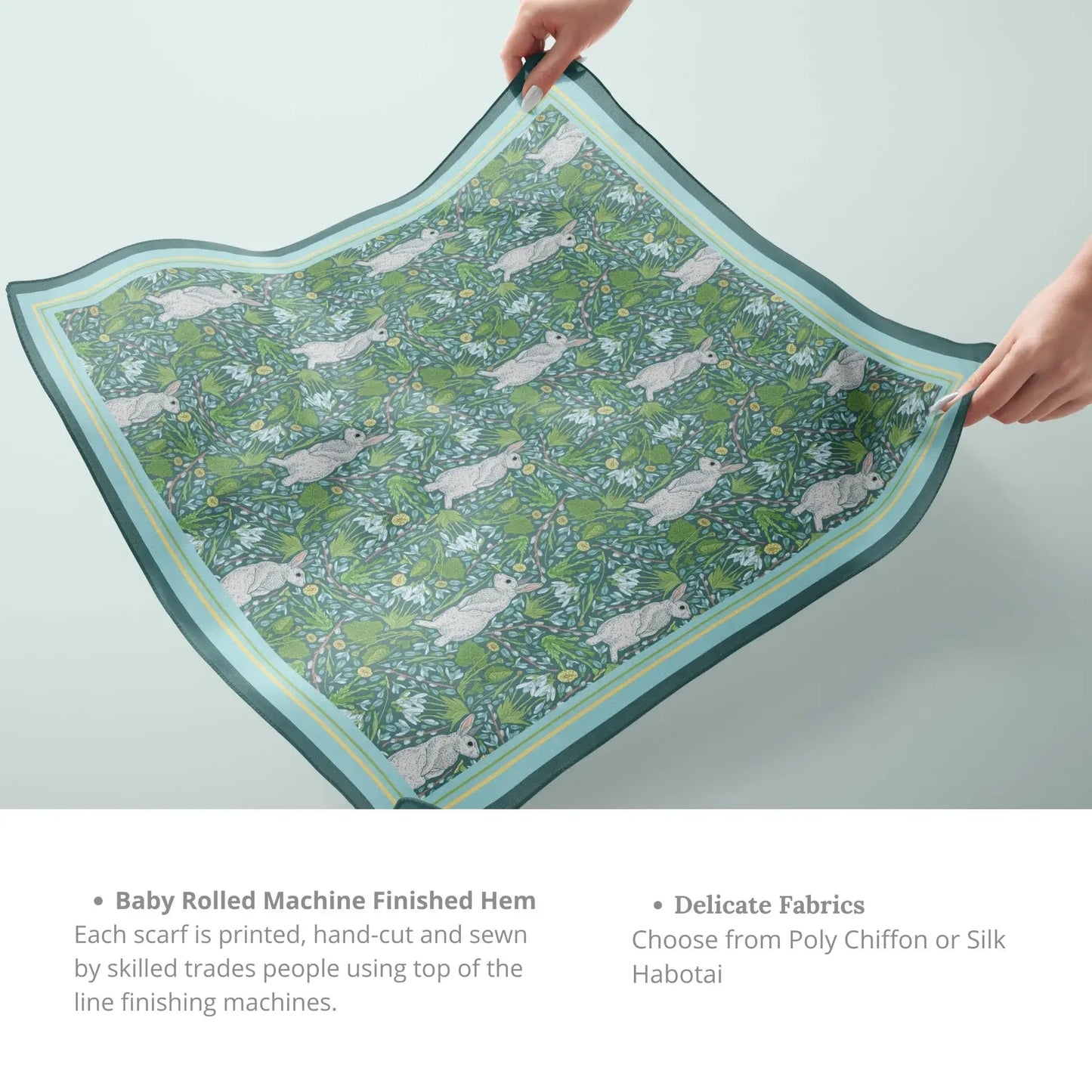 Spring Floral Silk Scarf – Green Botanical Bunny Design displayed elegantly, showcasing vibrant bunny and floral patterns.