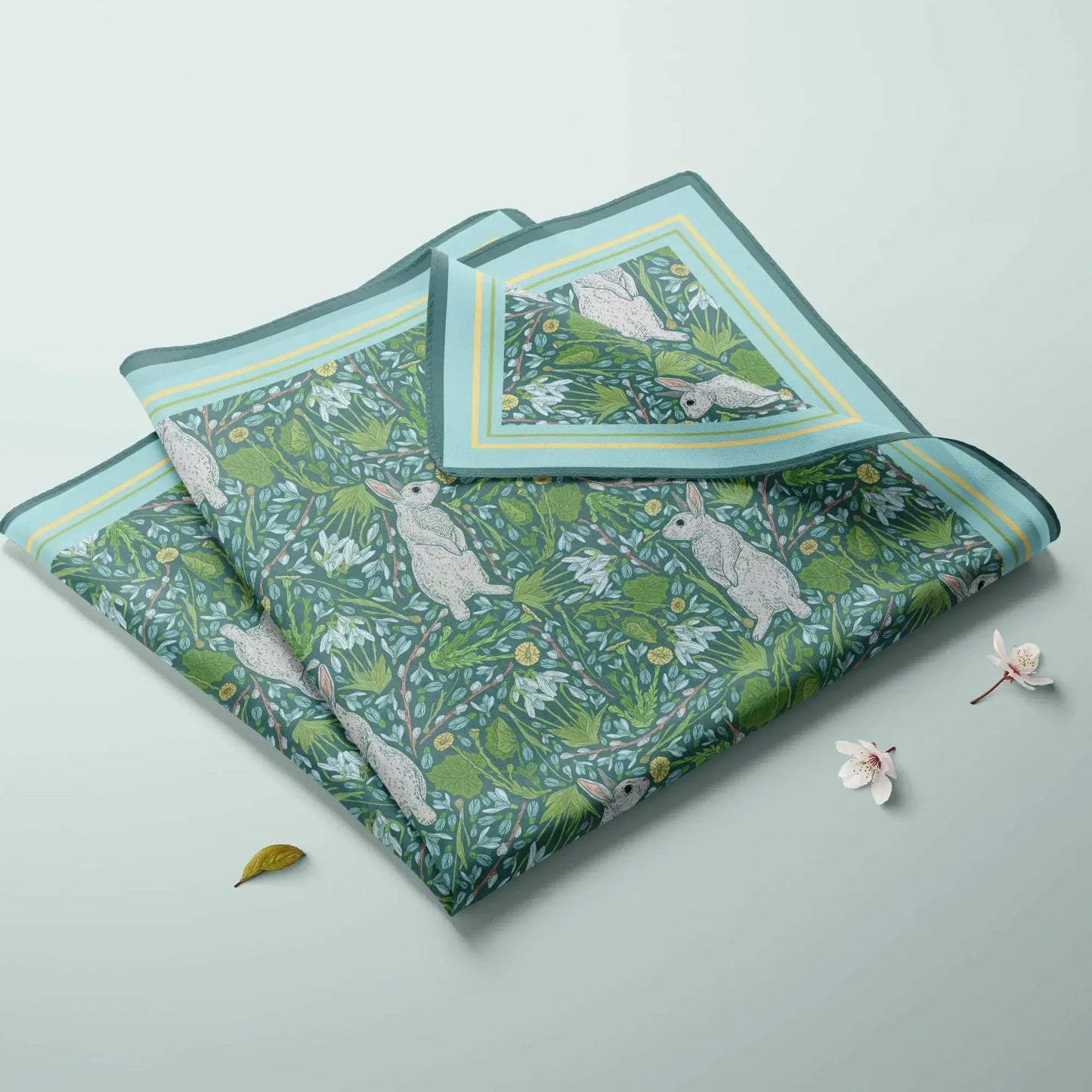 Spring Floral Silk Scarf – Green Botanical Bunny Design featuring a floral and bunny pattern on a green background.