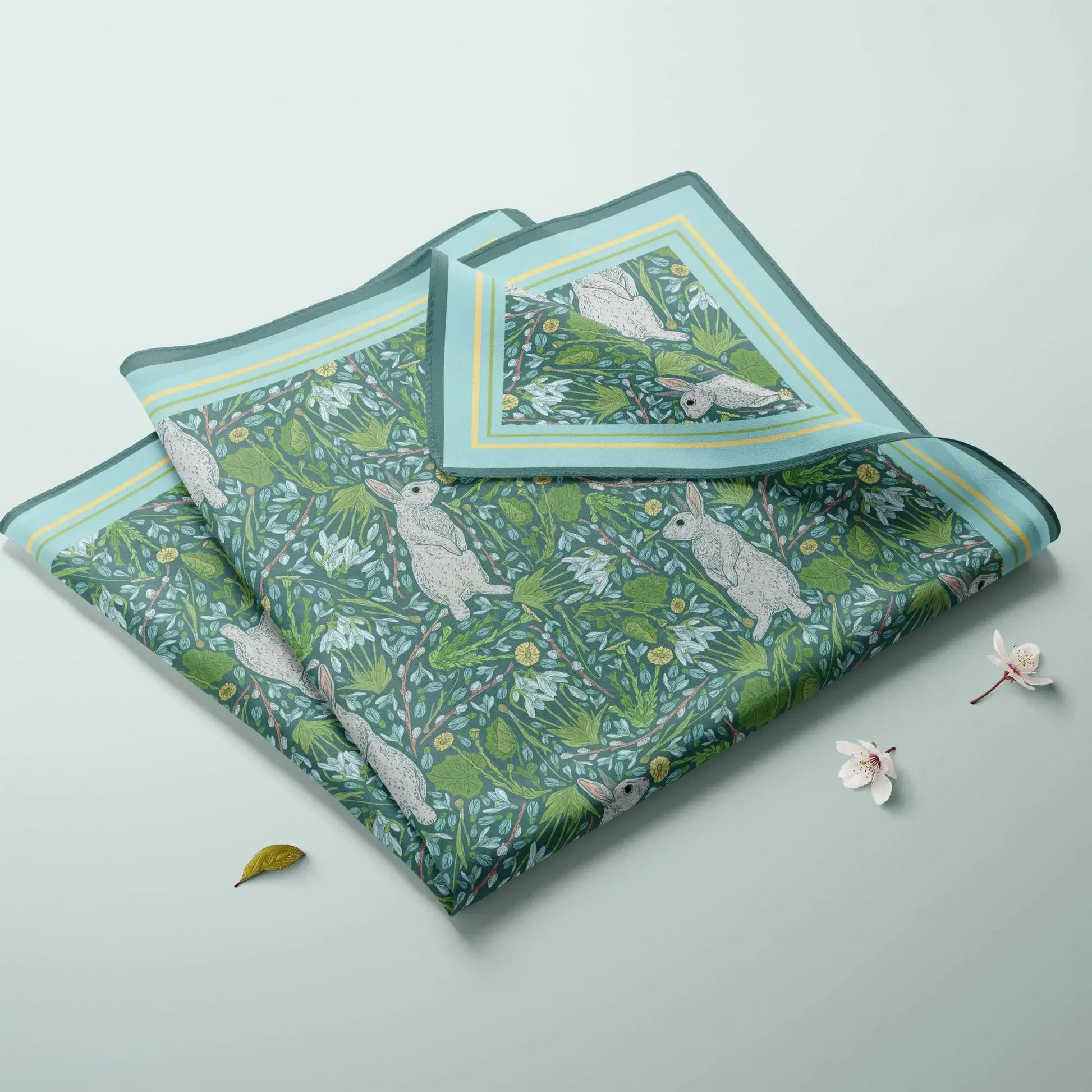 Spring Floral Silk Scarf – Green Botanical Bunny Design featuring a floral and bunny pattern on a green background.