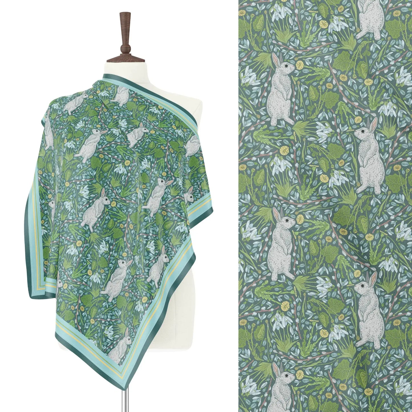 Spring Floral Silk Scarf – Green Botanical Bunny Design draped on a mannequin showcasing its vibrant floral and bunny pattern.