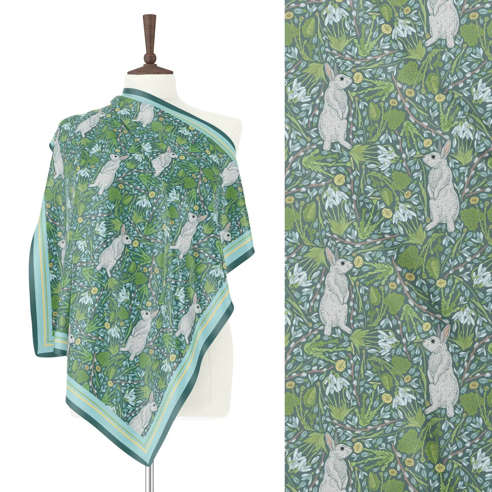 Spring Floral Silk Scarf – Green Botanical Bunny Design draped on a mannequin showcasing its vibrant floral and bunny pattern.