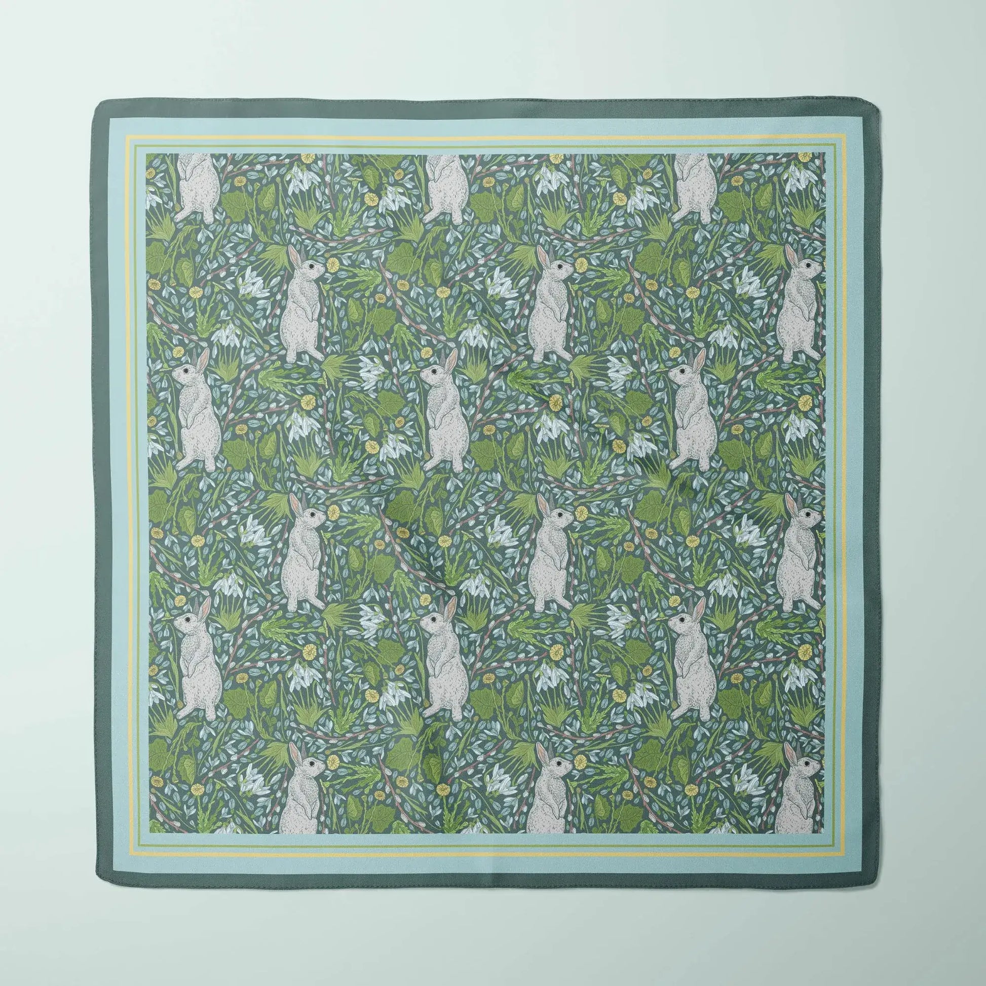 Spring Floral Silk Scarf – Green Botanical Bunny Design featuring white bunnies and botanical elements in vibrant green.