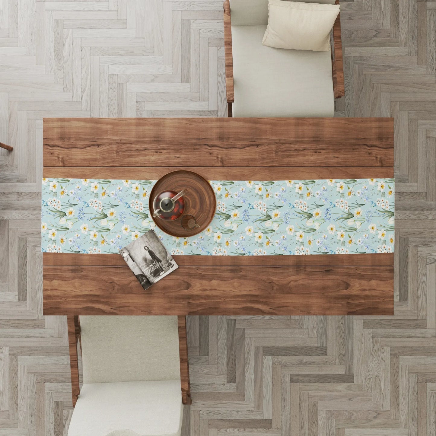 Spring Meadow Table Runner on a wooden dining table with decorative elements