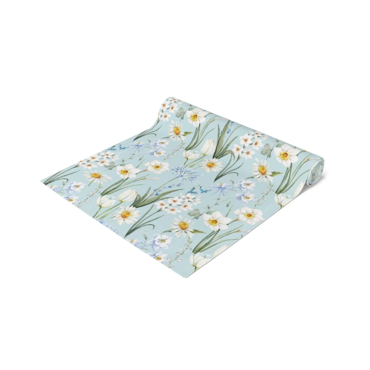 Spring Meadow Table Runner with delicate watercolor flowers in blue, white, and green for a fresh spring dining look.
