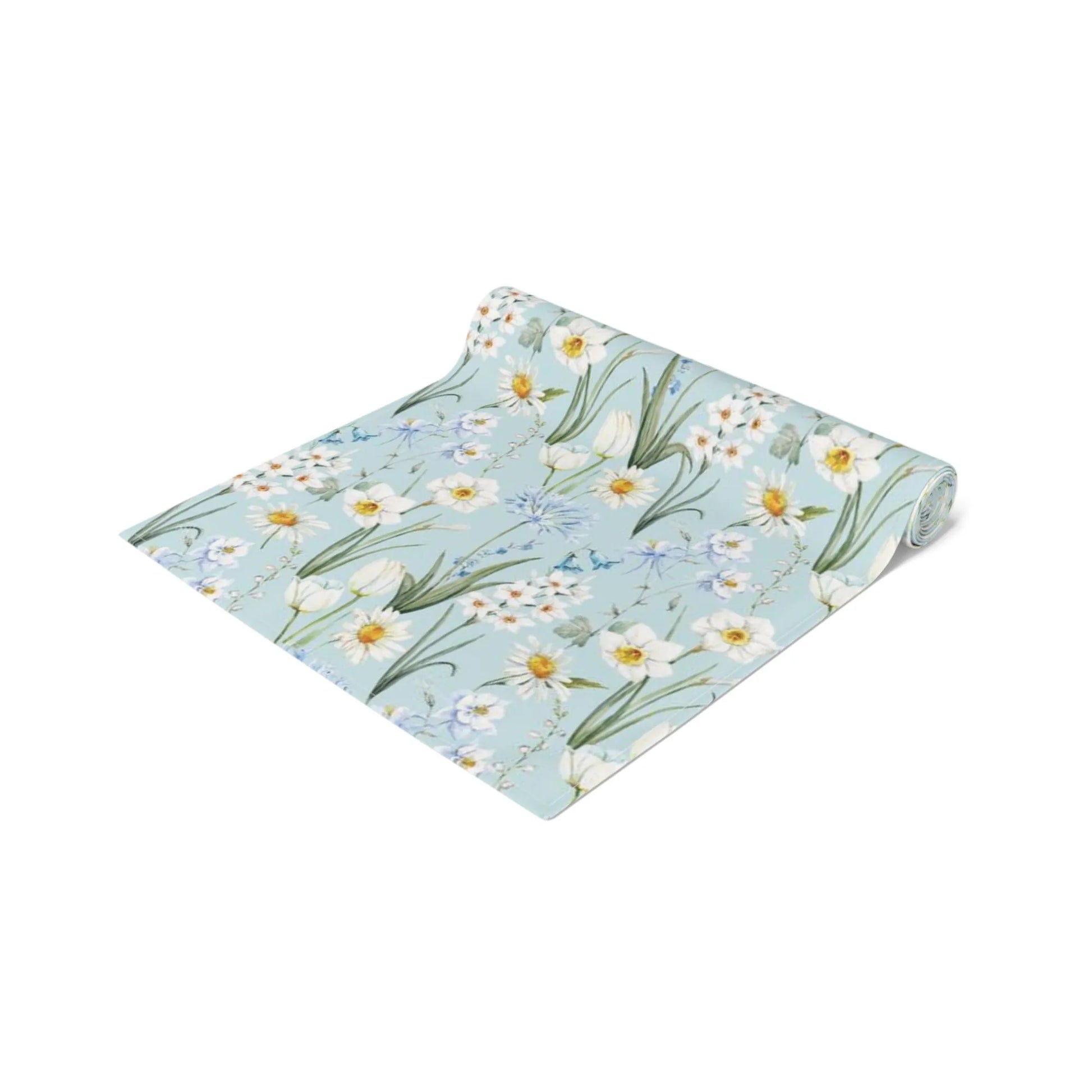 Spring Meadow Table Runner with delicate watercolor flowers in blue, white, and green for a fresh spring dining look.