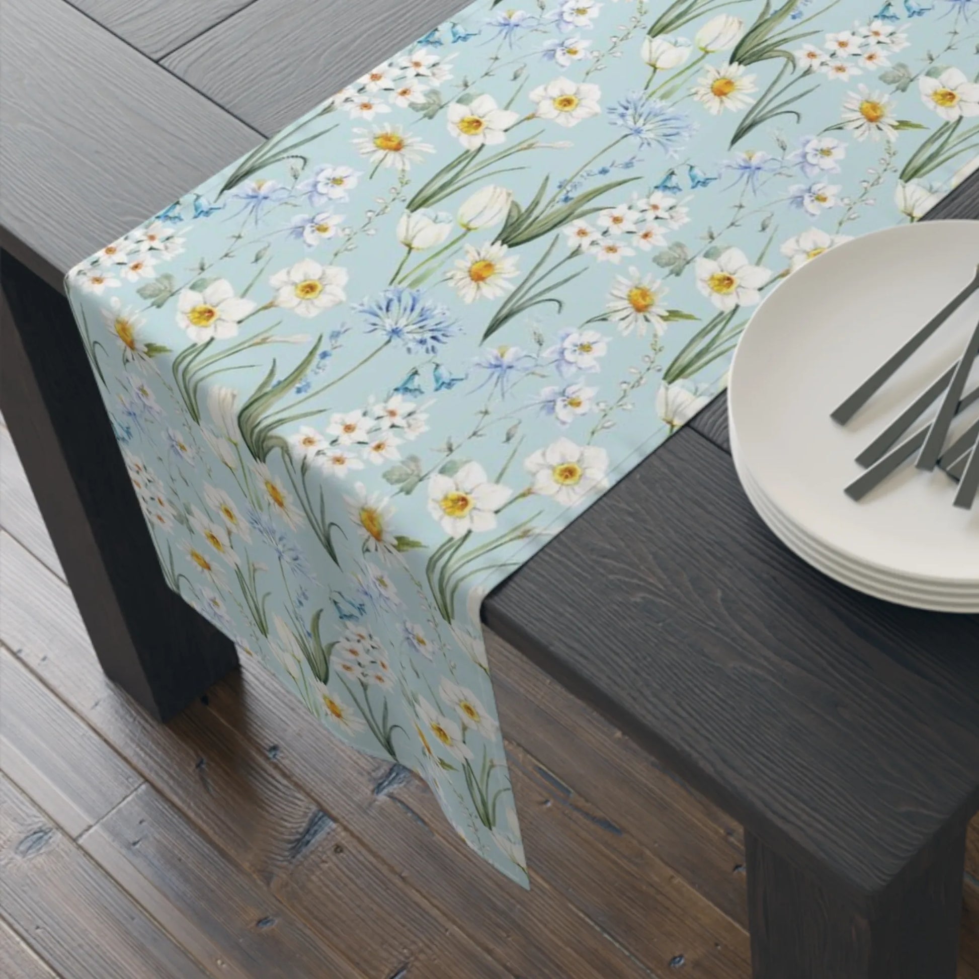 Spring Meadow Table Runner with watercolor flowers on a dining table, enhancing spring charm with soft colors.
