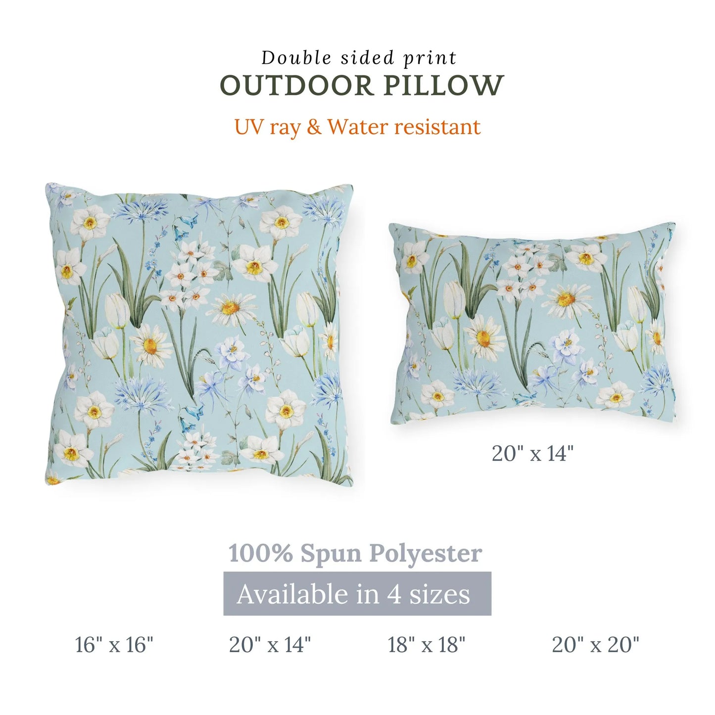 Light blue outdoor pillow with watercolor daisies, daffodils, and wildflowers, double-sided print, available in 4 sizes