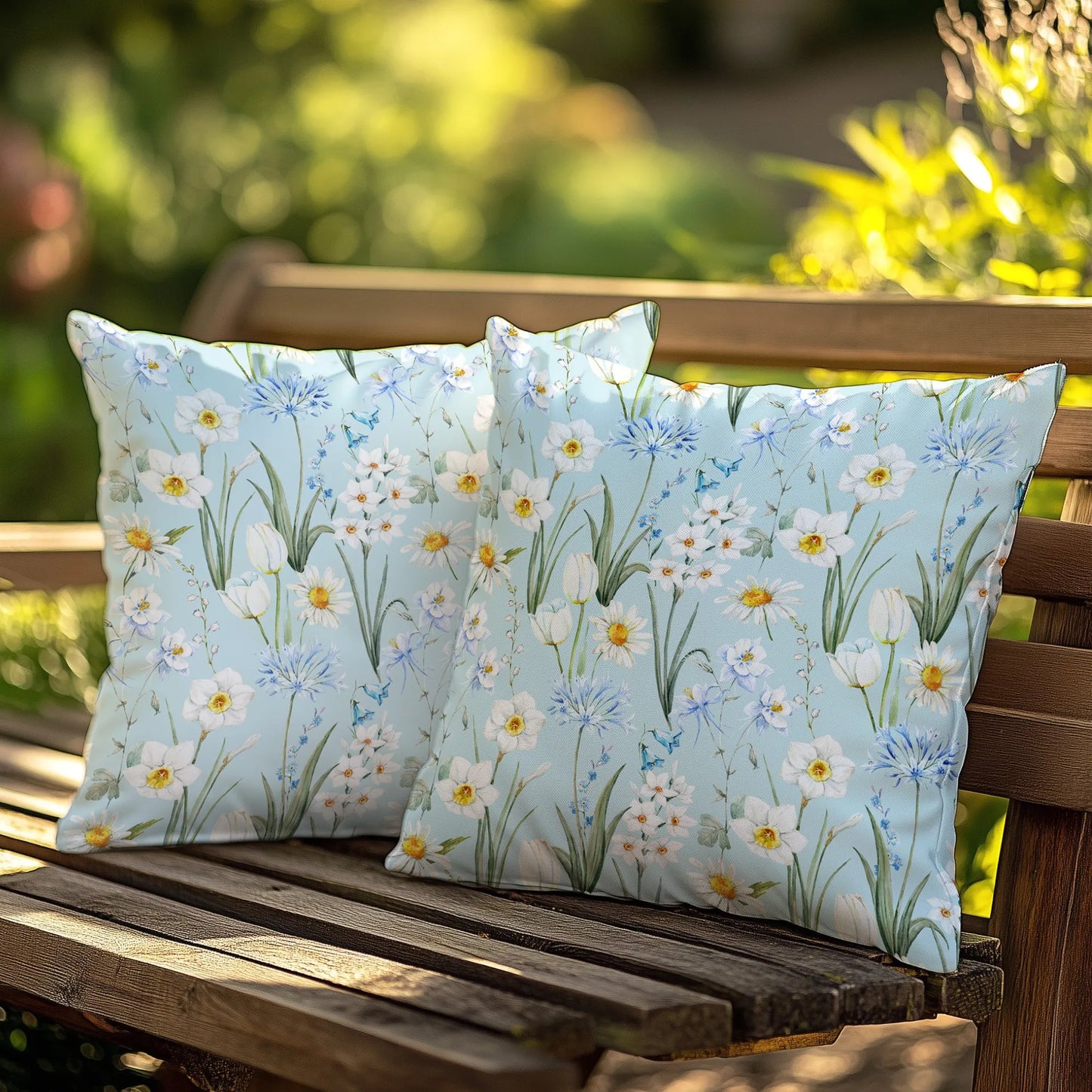 Two square outdoor pillows with watercolor white daffodils and blue wildflowers on a light blue background, displayed on a wooden garden bench in sunlight.