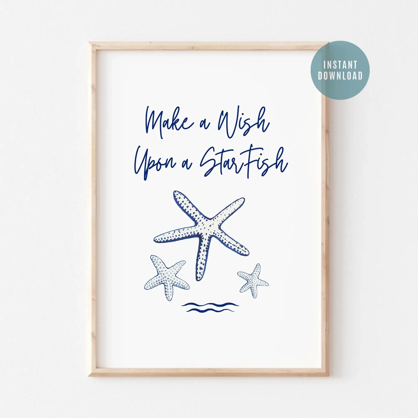 Blue watercolor starfish print with "Make a Wish Upon a Starfish" quote, digital coastal wall art for beach home decor.