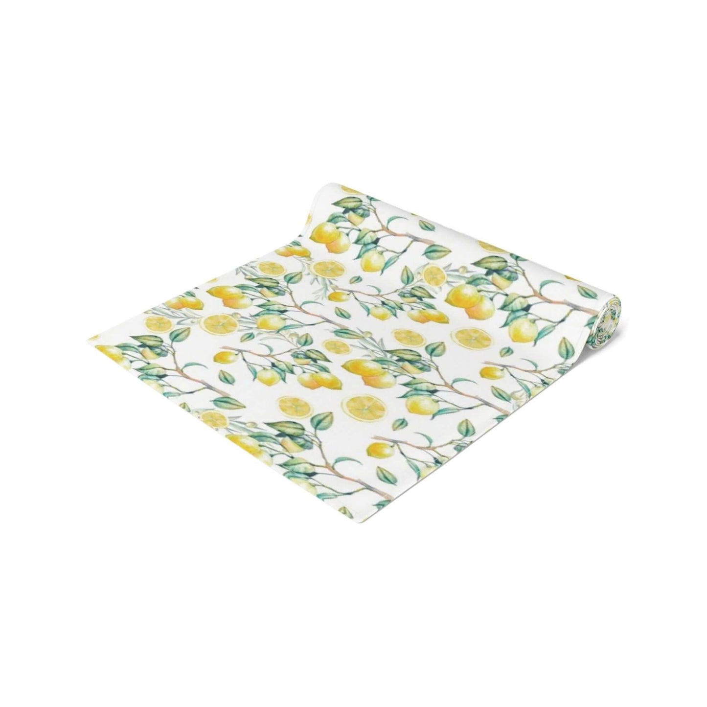 Summer Lemon TABLE RUNNER with hand-painted watercolor lemons and green leaves on a white background.