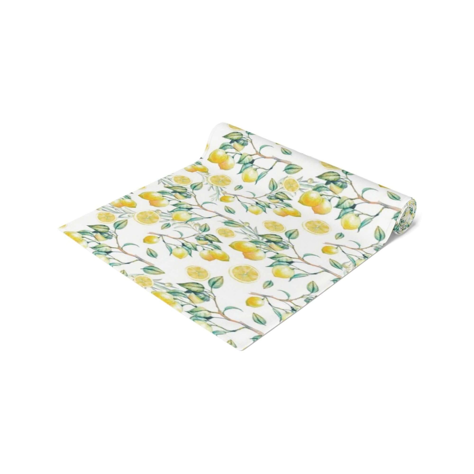 Summer Lemon TABLE RUNNER with hand-painted watercolor lemons and green leaves on a white background.