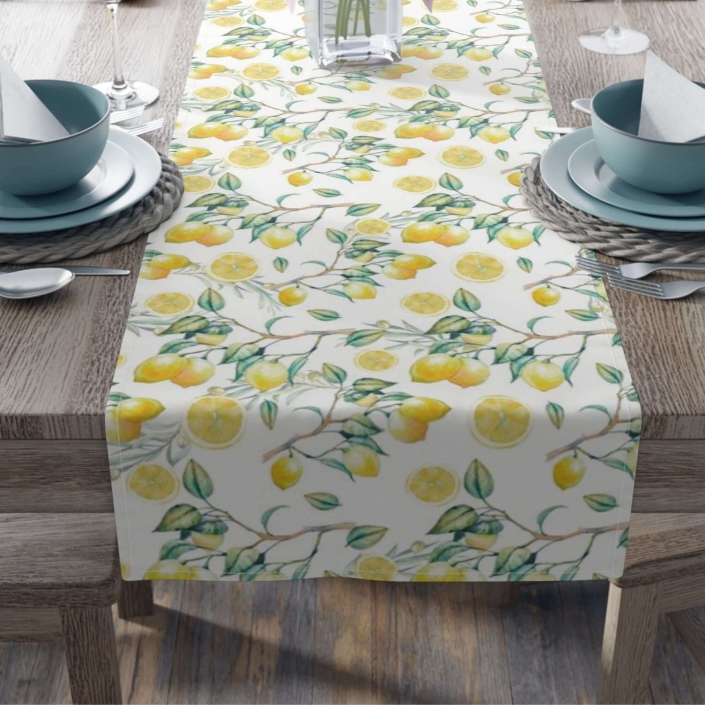 Summer Lemon TABLE RUNNER featuring hand-painted watercolor lemons on a wooden dining table.