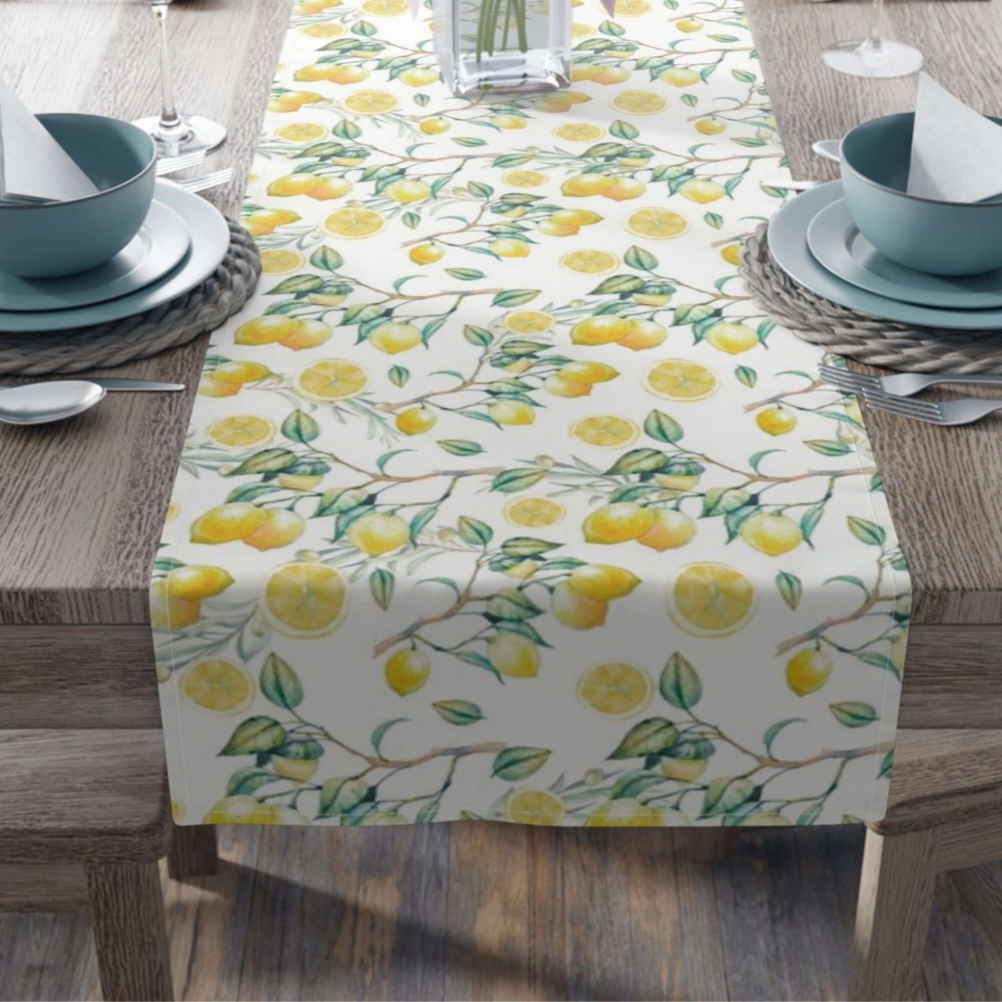 Summer Lemon TABLE RUNNER featuring hand-painted watercolor lemons on a wooden dining table.
