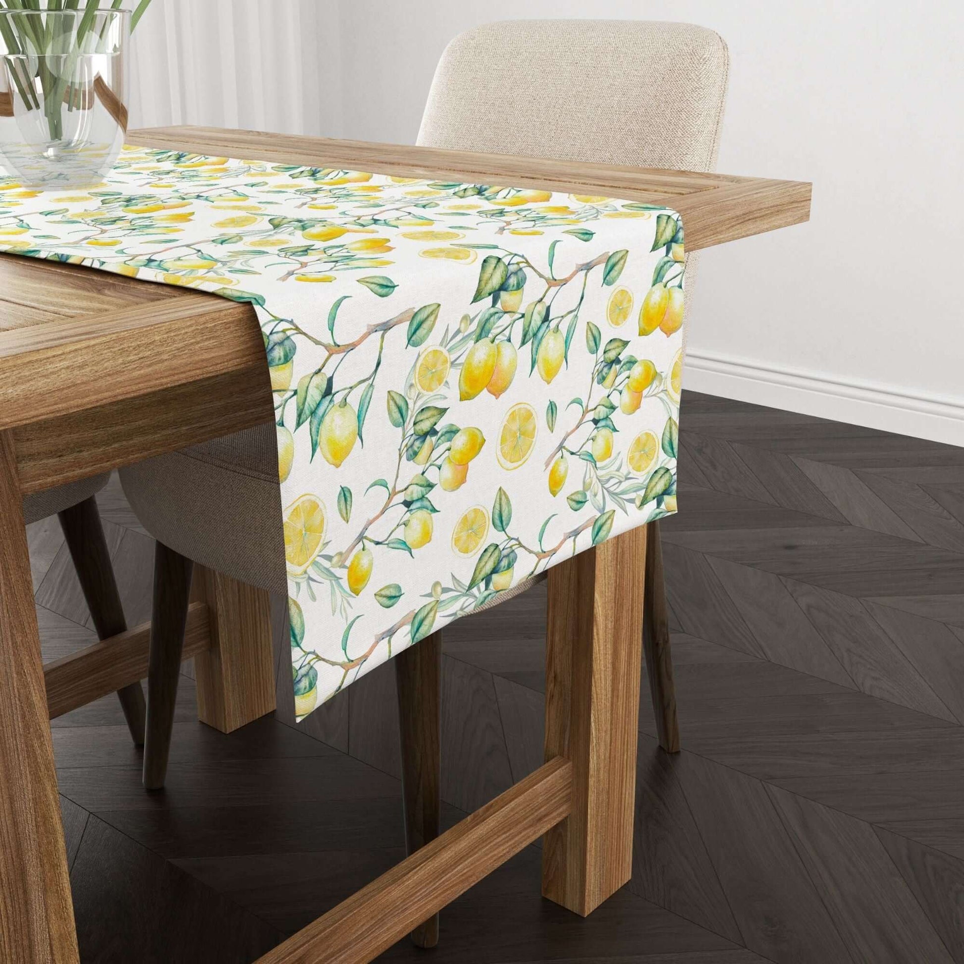 Summer Lemon TABLE RUNNER featuring hand-painted lemons on a wooden table, perfect for brightening up any dining space.