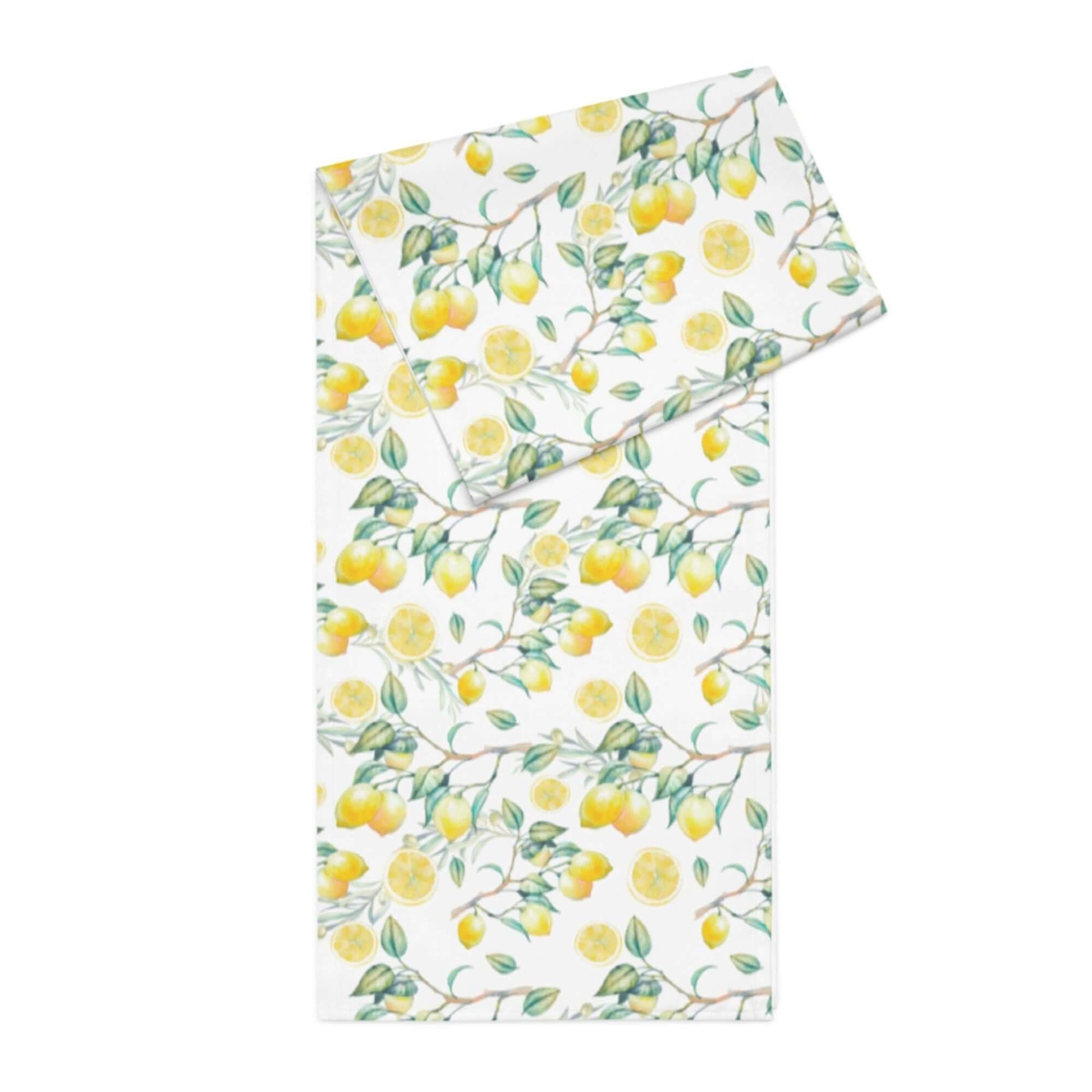 Summer Lemon TABLE RUNNER featuring vibrant hand-painted lemons and leaves on a white background.