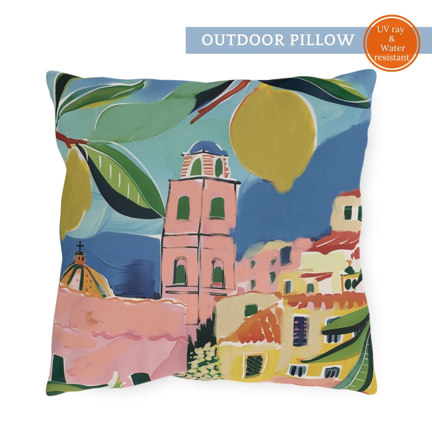Outdoor pillow with lemons and coastal townscape – UV and water-resistant summer decor