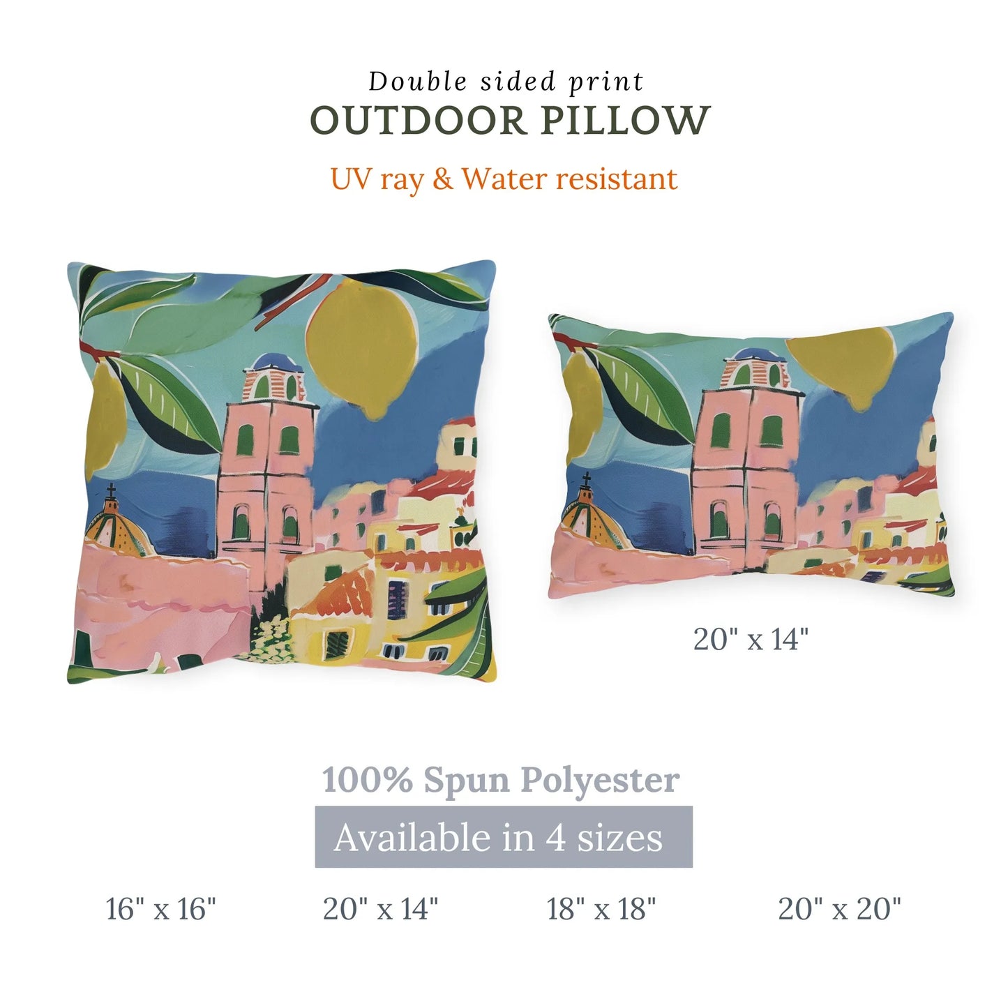 Coastal lemons outdoor pillow in 4 sizes, double-sided print with UV and water resistance for summer decor