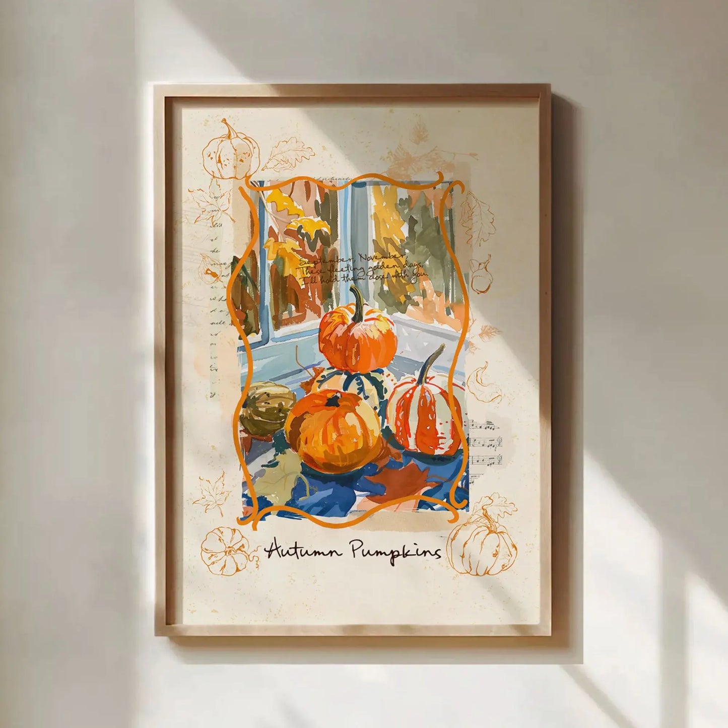 Framed Thanksgiving wall art print featuring pumpkins and fall leaves