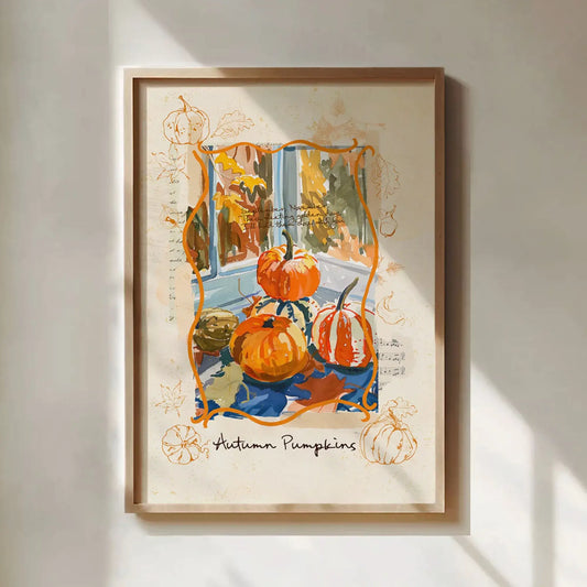 Framed Thanksgiving wall art print featuring pumpkins and fall leaves