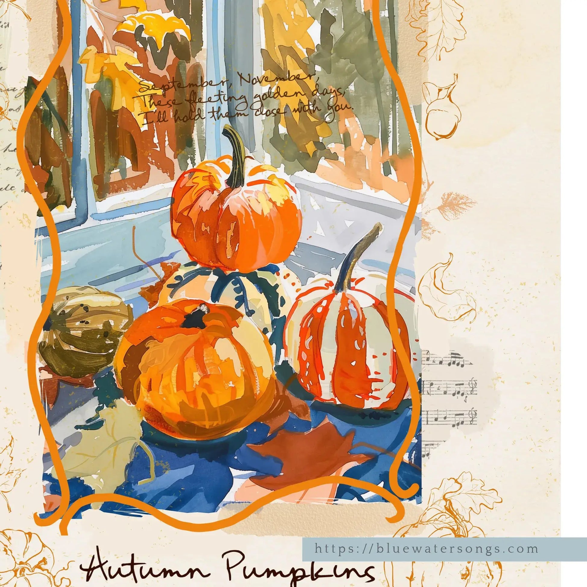 Detailed Thanksgiving wall art print with pumpkins, leaves, and fall window view