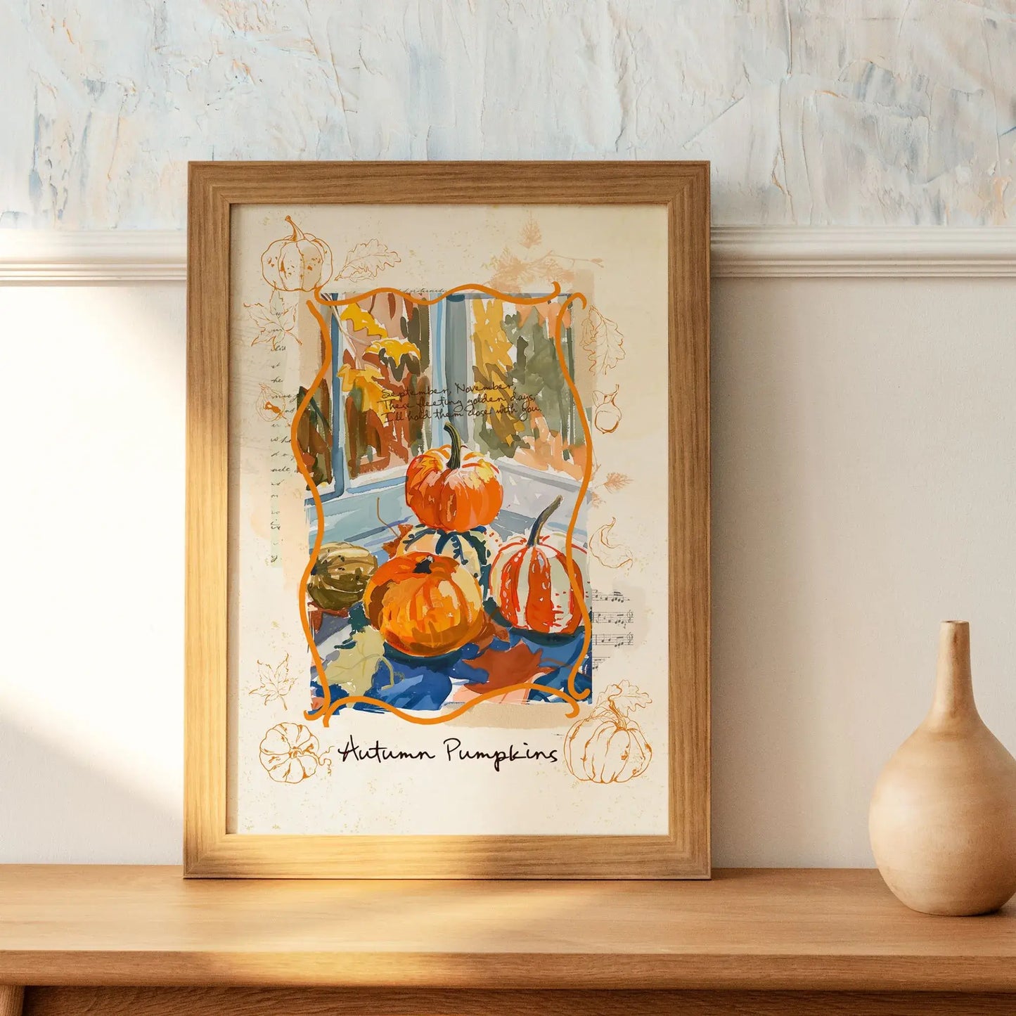 Thanksgiving wall art poster Autumn Pumpkins framed and styled with vase