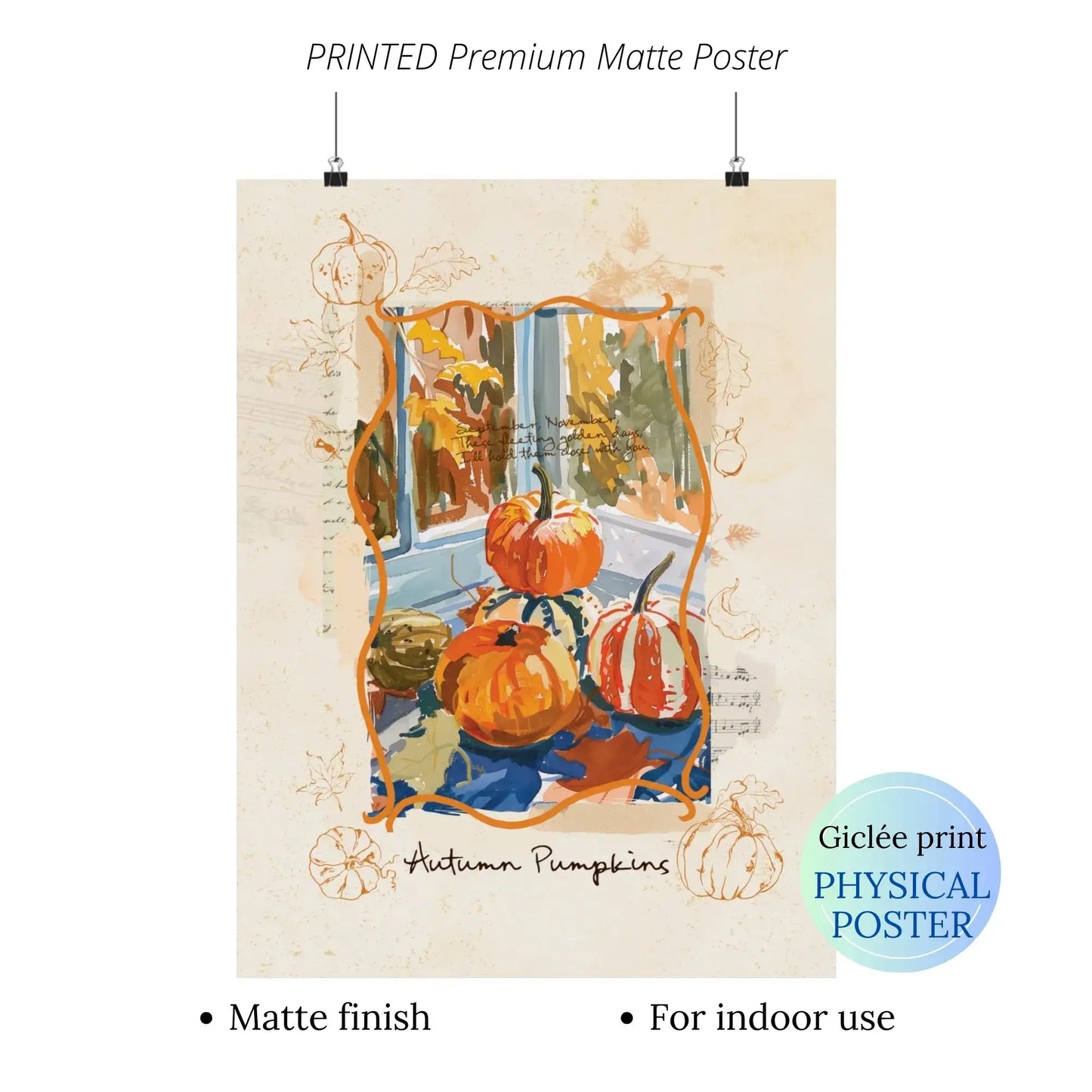 Thanksgiving wall art poster with autumn pumpkins printed on matte paper