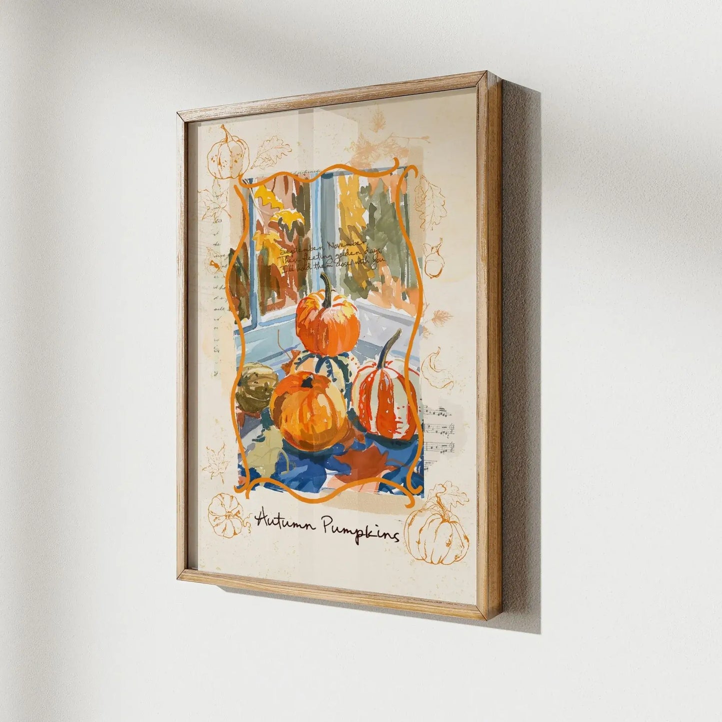 Thanksgiving wall art poster with pumpkins in wooden frame on wall