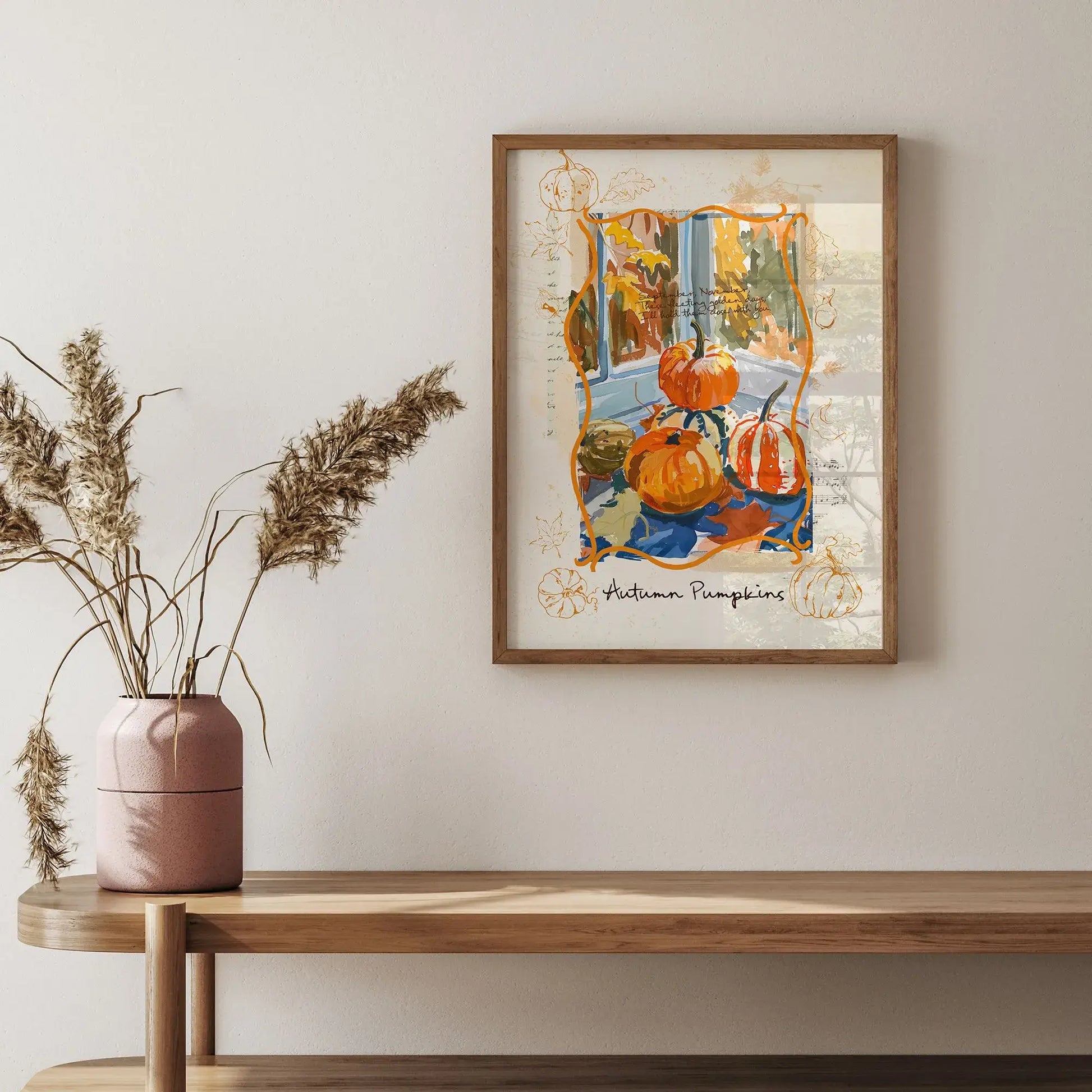 Autumn pumpkins Thanksgiving wall art print in cozy seasonal home decor
