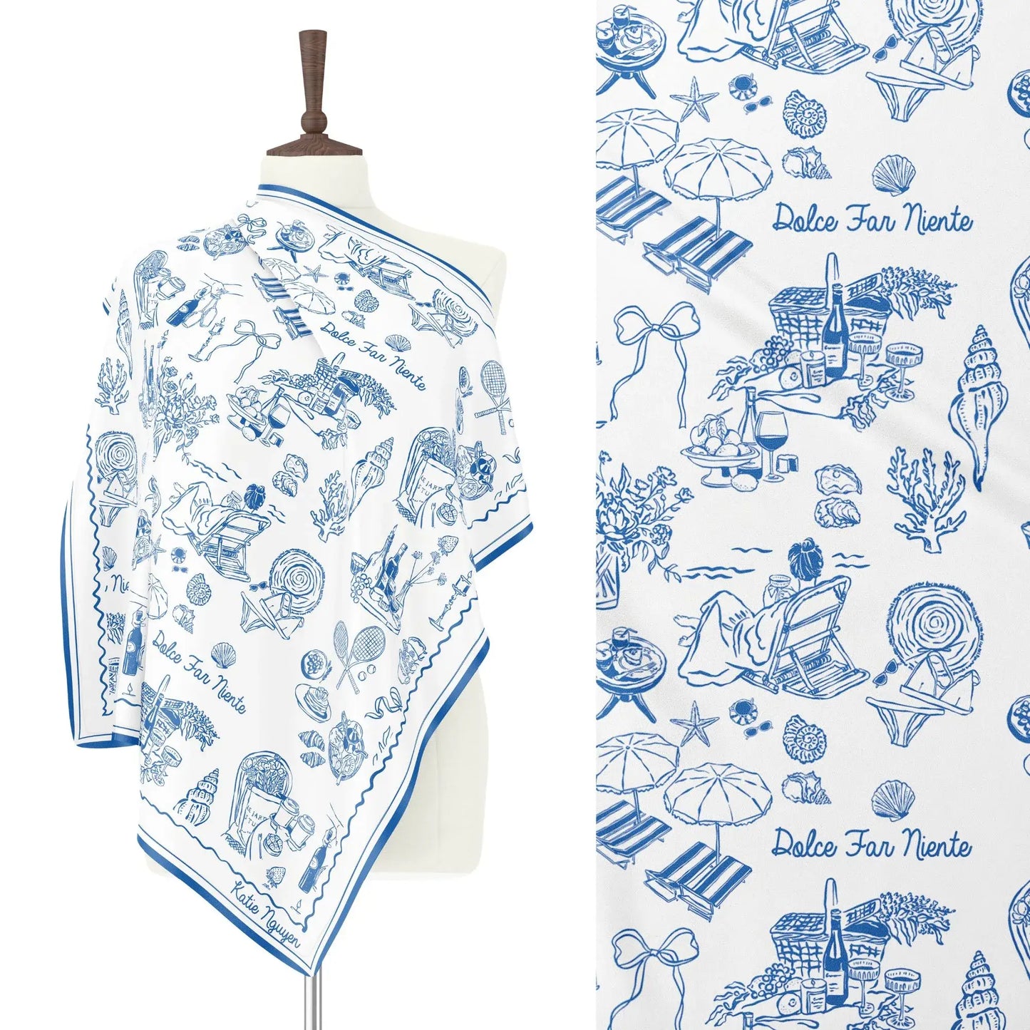 The Dolce Moment Silk Scarf draped on mannequin, featuring blue Italian coastal motifs and “Dolce Far Niente” text – vintage-inspired.