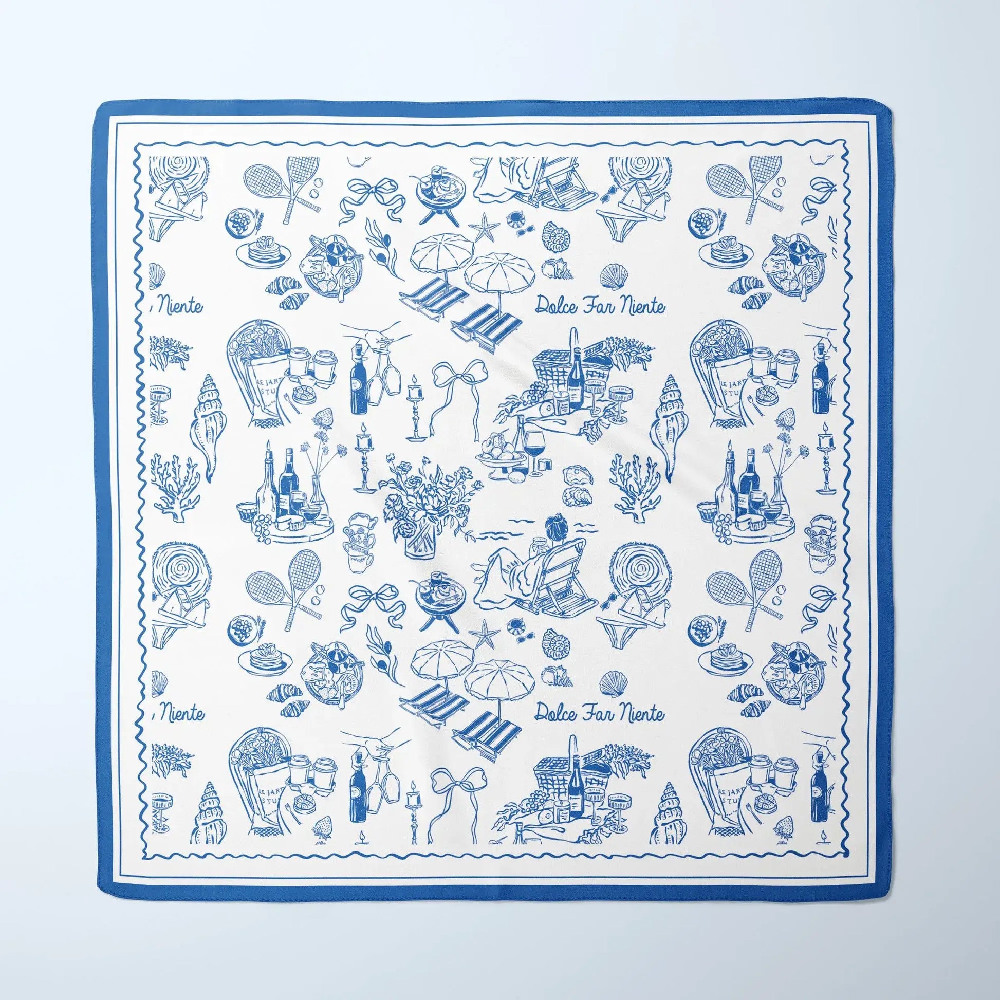 The Dolce Moment Silk Scarf in blue and white with Italian summer illustrations and “Dolce Far Niente” text in vintage line art style.