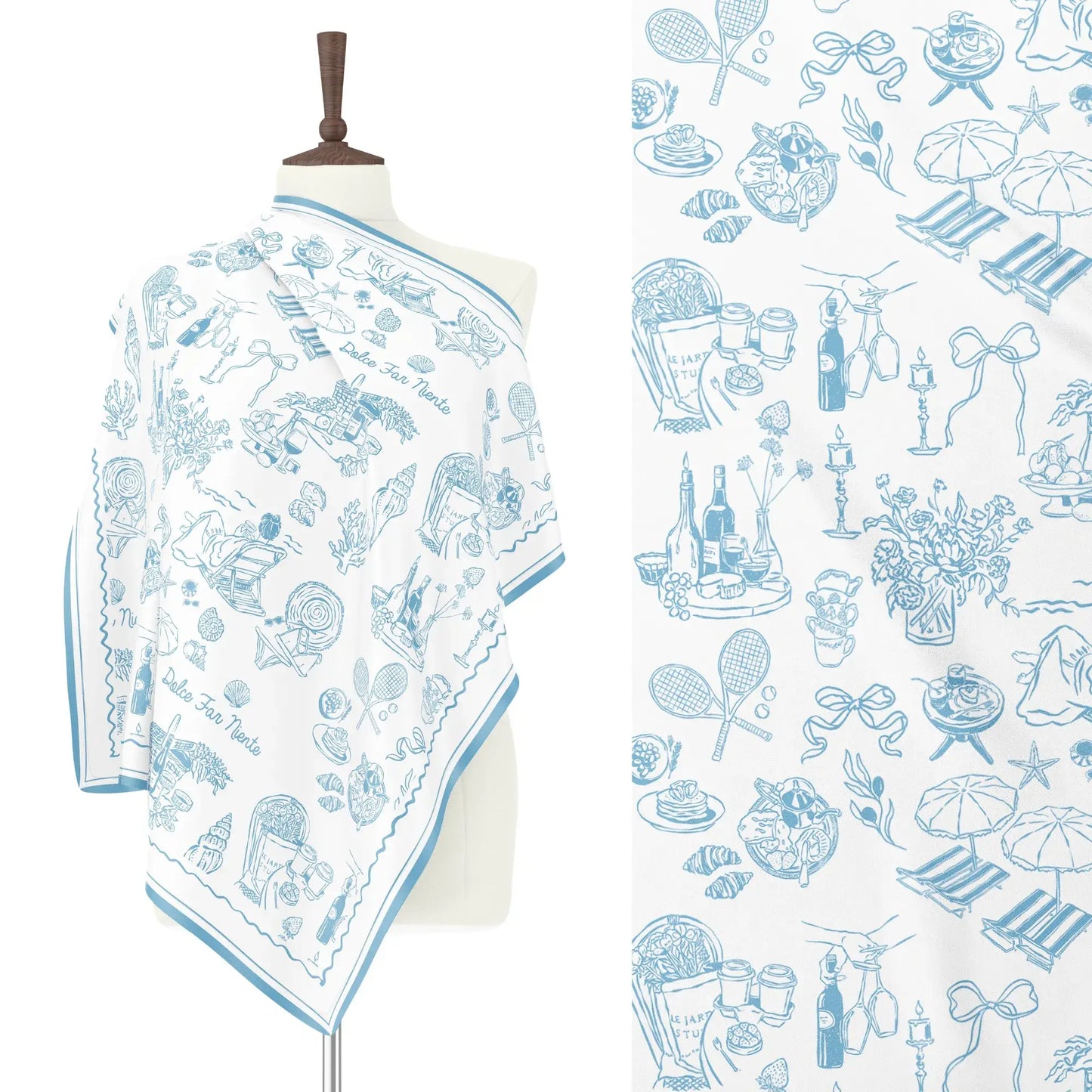 The Dolce Moment Silk Scarf with pale blue Italian summer motifs, vintage-style illustrations, elegantly displayed on mannequin.