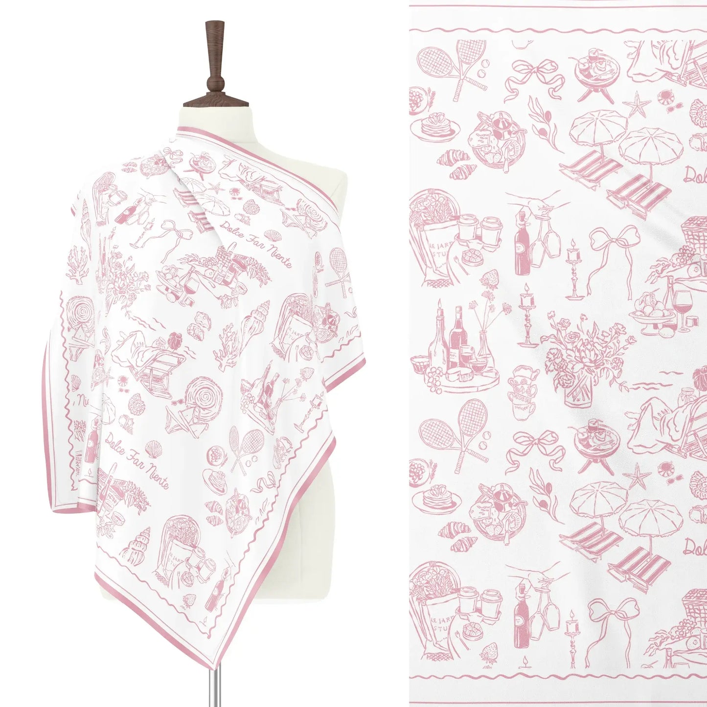 The Dolce Moment Silk Scarf in pink with vintage Italian coastal motifs, styled on mannequin – romantic summer design.