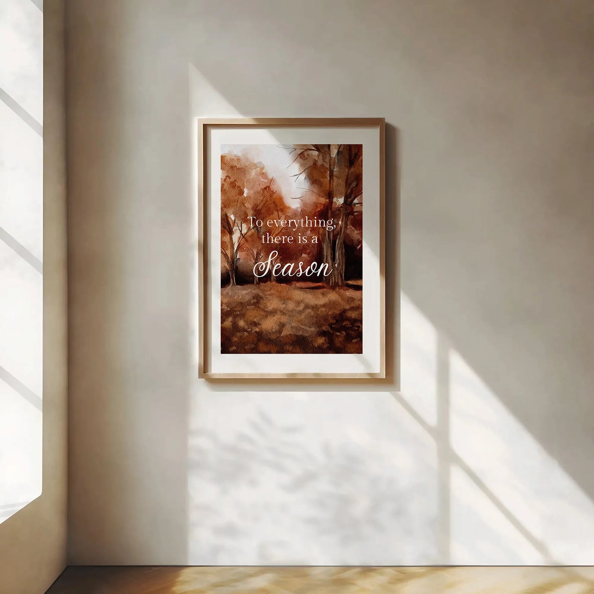 to Everything There Is a Season Art Print framed in elegant entryway, autumn watercolor scripture digital download wall decor